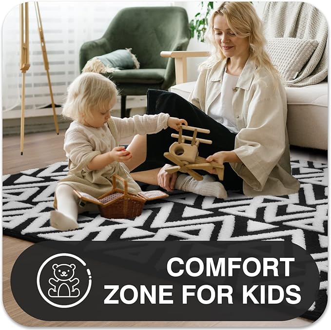 Ompaa Ultra Soft Geometric Bedroom Rugs Memory Foam Carpet, Black 6 x 9 Feet, Cozy Area Rugs for Living Room Couch Dorm Bedside Kids Girls Teens Room Nursery Decor Floor Mat