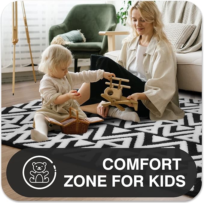 Ompaa Ultra Soft Geometric Bedroom Rugs Memory Foam Carpet, Black 5 x 8 Feet, Cozy Area Rugs for Living Room Couch Dorm Bedside Kids Girls Teens Room Nursery Decor Floor Mat