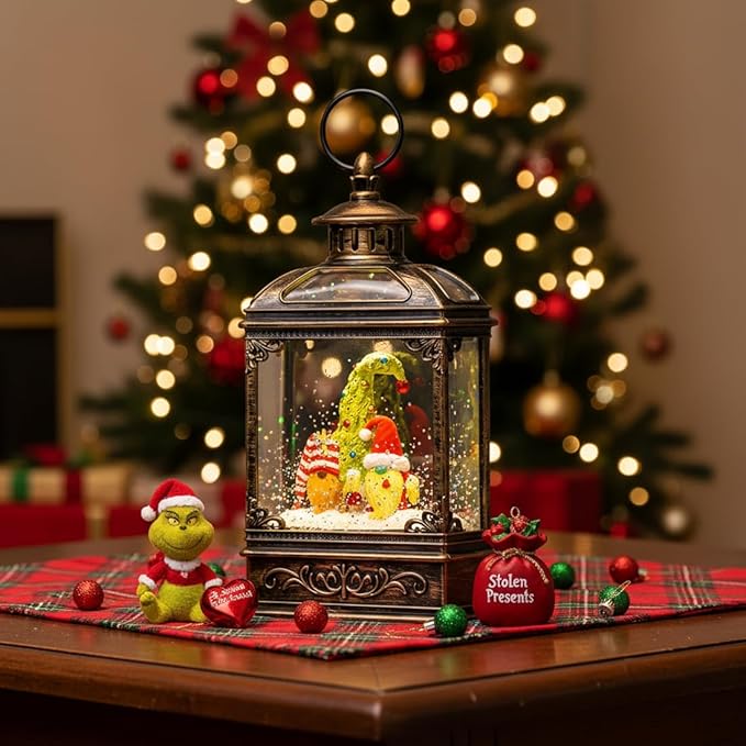 Musical Snow Globe Lantern Lighted Whimsical Christmas Tree & Gnomes Santa Elf Snow Water Lantern with Swirling Glittering Home Decoration and Gift, Battery Operated or USB Powered
