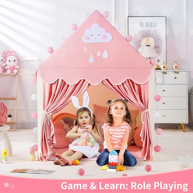 SISTICKER Kids Play Tents for Girls Large Fairy Playhouse for Kids Princess Castle Tent Gift Toys for Girl Toddler Children Play House (Pink) (Pink Tent)