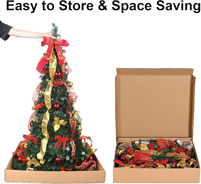 6.5FT Pop Up Christmas Tree with Lights and Decorations & Remote & Timer, Prelit Fully Decorated Pull Up Artificial Christmas Tree with Christmas Ball Ornaments Bows Ribbons for Christmas Party Decor