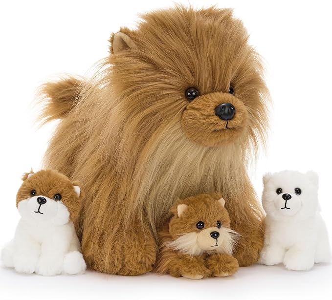 Tezituor Realistic Pomeranian Stuffed Animal Plush Toy,13.8" Mommy Dog Plush with 3 Puppies Cute Fluffy Plushie for Girls Boys Toddler Birthday