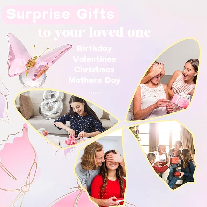 Movdyka Crystal Butterfly Decor Figurines for Mom Women, Pink Glass Butterfly Craft Desk Office Dcorations Table Centerpieces, Animal Ornaments Paperweight