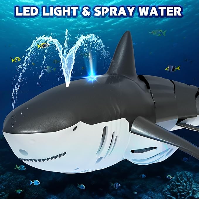 2.4Ghz Remote Control Shark Pool Toys for Boys Kids,Highly Realistic Shark Pool Toys for Kids,RC Boat Outdoor Water Toy with Light and Spray Water for Boys Girls Ages 6+ (with 2 Batteries)