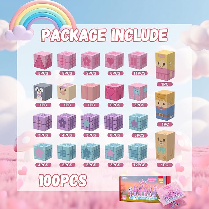 100 PCS Magnetic Blocks for Kids Ages 3 4 5 6 7 8 9 10, STEM Sensory Building Toys, Princess Castle Magnetic Toys, Christmas Birthday Gifts for Girls Toddlers