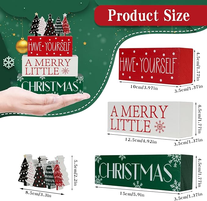 4 Pcs Christmas Table Decor Christmas Tree Wooden Table Decorations Winter Tiered Tray Decor christmas Centerpieces Rustic Decorative Tree Block Signs Gift Xmas table Sign for Home kitchen Shelf