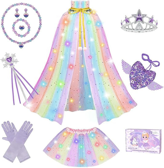 Princess Dress Up for Girls, Light Up Princess Costume Cape Set, Birthday Gifts Toys for Girls 3 4 5 6 Years Old