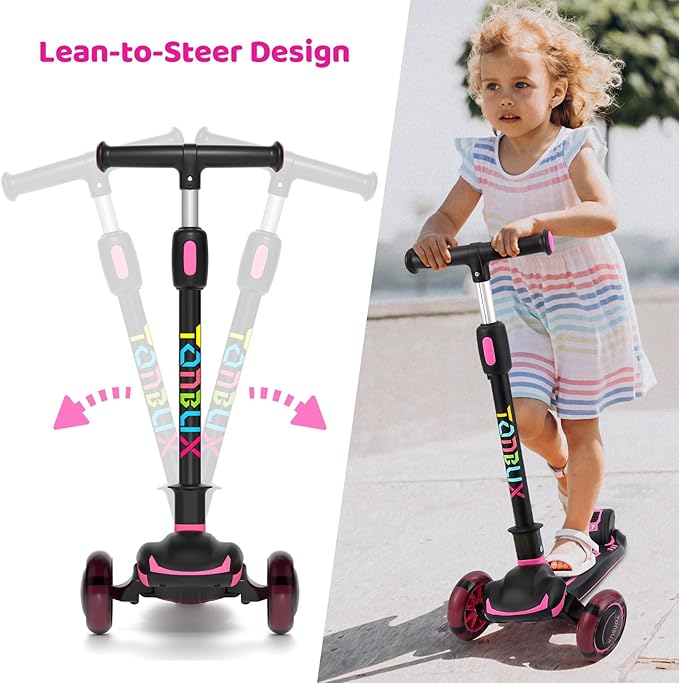 TONBUX Kids Scooter, Light Up 3 Wheel Kick Scooters for Kids 3-12, Folding Scooters with Adjustable Height - Toddler Scooter Lean-to-Steer & Widen Anti-Slip Deck