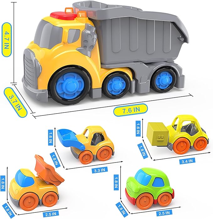 P&C 7.6" Toddler Construction Dump Truck Toys for Ages 2-4, Beach Sand Outdoor Toys Dump Truck Set with Sounds and Lights for Kids 18M+, 2, 3, 4, Ideal Birthday Christmas Gifts for Boys Girls