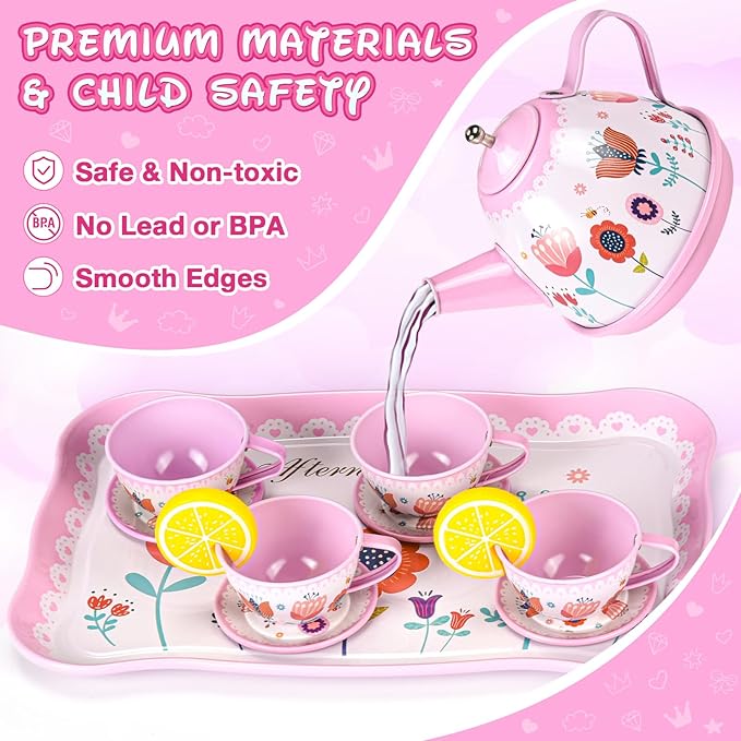 Tea Party Set for Little Girls, 63Pcs Pretend Play Toys, Princess Dress Up Tea Time, Tin Tea Sets for Toddlers 3-5 6 with Dessert, Carrying Case, Kids Kitchen Playset, Birthday Gift for Toddler Girls