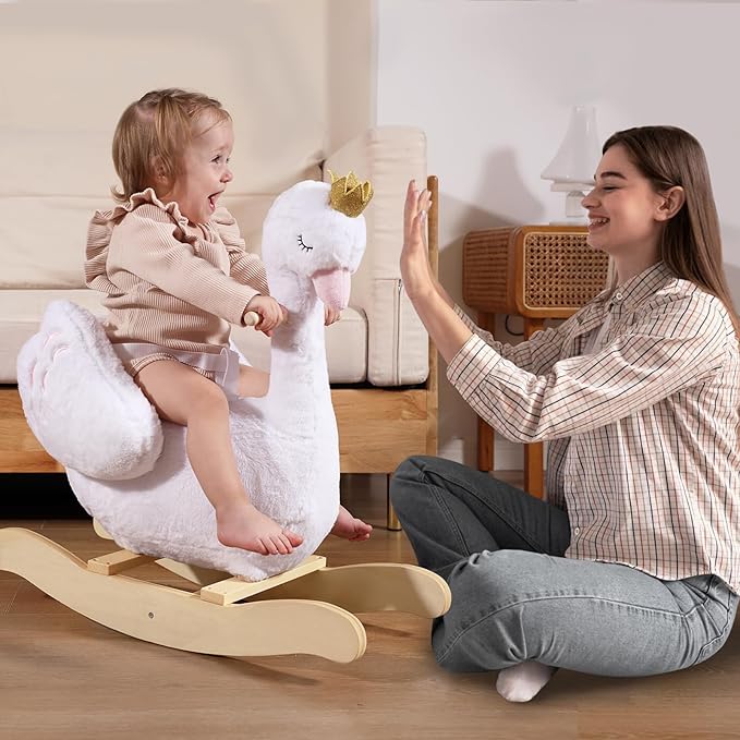labebe Kids Rocking Horse White Swan with Little Plush Doll Toys, Stuffed Animal Wooden Rocker for Children 6 Months Boys and Girls/Nursery Christmas, Birthday Gift (Rocking Swan)