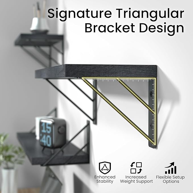 BAYKA Wall Mounted Floating Shelves, Wood Floating Wall Shelf for Books & Decor, Small Space-Saving Display & Organizer（Black，Set of 3）