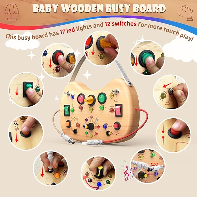 Montessori Wooden Busy Board for Toddlers with LED Light Lights & Switches,Portable Activity Board for Car & Airplane Travel Toys, Christmas & Birthday Gift for 1-3 Year Old Boys & Girls