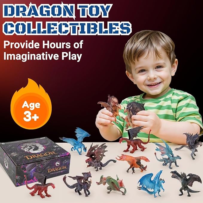 12 Pcs Dragon Toy Figures, 5" Large Realistic Hand Painted Mythical Figurines, Assorted Designs for Kids Party Favors & Cake Toppers