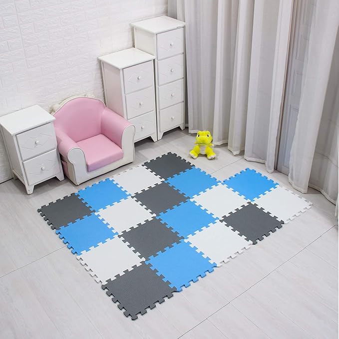 meiqicool Foam Play Mat Thick Soft EVA Interlocking Foam Floor Mats Children Yoga Exercise Multi Jigsaw Puzzle Blocking Board Kids Playmats Play White-Blue-Grey 18 Piece AGL