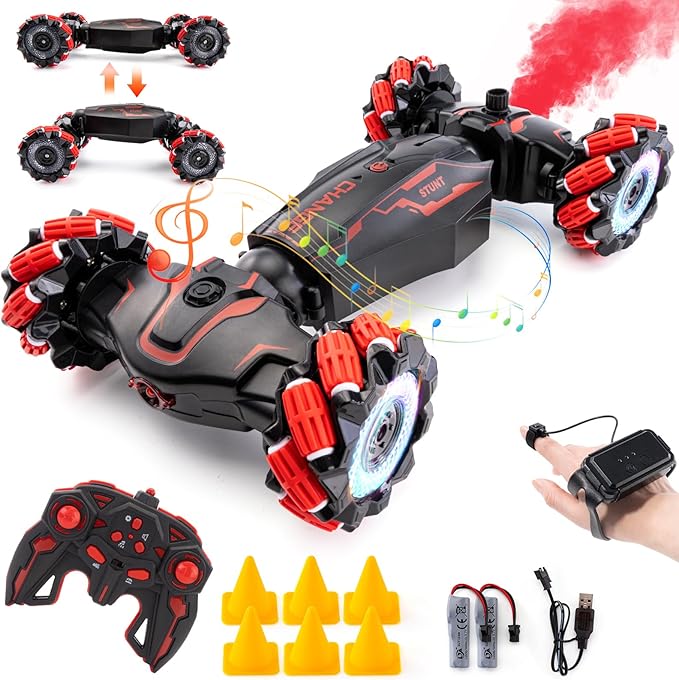 Gesture Sensing RC Stunt Car, 2.4 GHz 4WD Remote Control Car 360° Rotate Transform Off-Road Drift RC Cars with Cool Lights Music, Ideal Presents for Boys Girls for Birthday (Red)