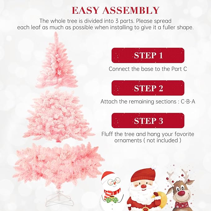 SUNCROWN 6ft Artificial Flocked Christmas Tree Premium Frosted Snow Christmas Tree Hinged Xmas Tree Holiday Decor for Indoor Outdoor, Foldable Metal Stand, 1000 Branch Tips, Pink