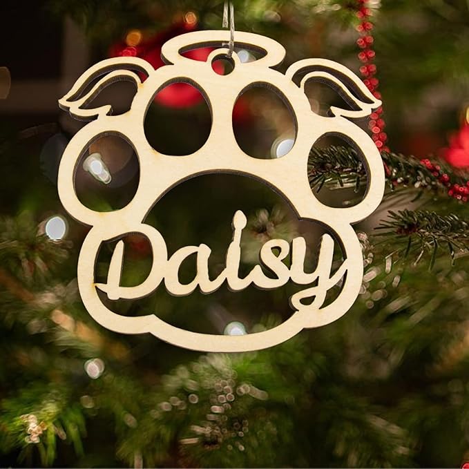 Personalized Dog Cat Paw Ornament Christmas, Custom Pet's Name Ornament, Customized Wooden Cat Paw Wings Ornaments for Christmas Tree