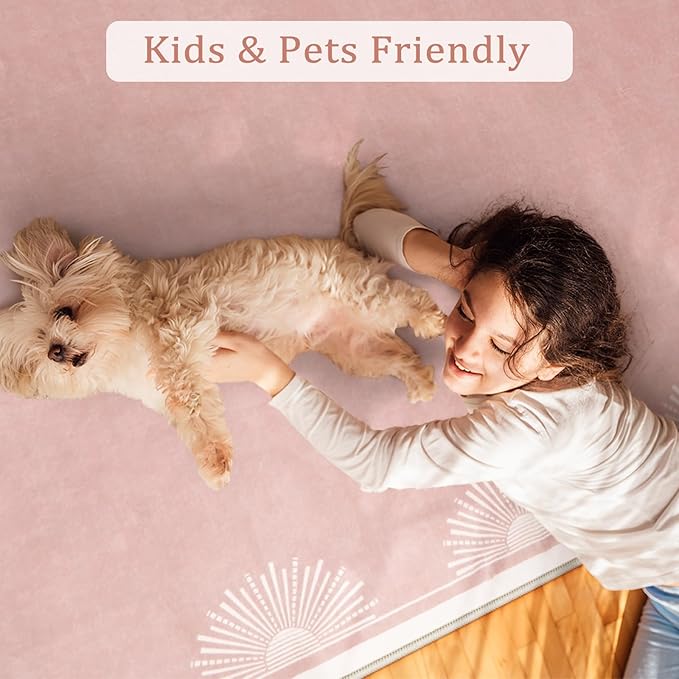 Modern 5x7 Pink Area Rugs for Bedroom Girls, Ultra Thin Washable Nursery Rug for Kids Room, Soft Sun Print Living Room Rug,Boho Non Shedding Floor Carpets for Classroom Dorm(5'x7',Pink)