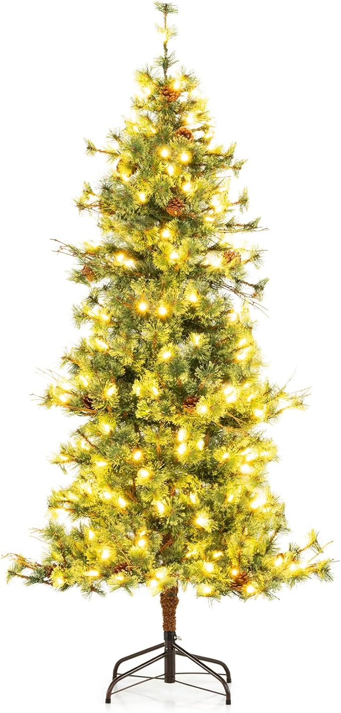 GOFLAME 6FT Pre-lit Christmas Tree, Artificial Xmas Tree with 200 Warm White LED Lights, 370 Branch Tips, Withered Branches, Pine Needles & 22 Pine Cones, Holiday Decoration Tree for Home Party