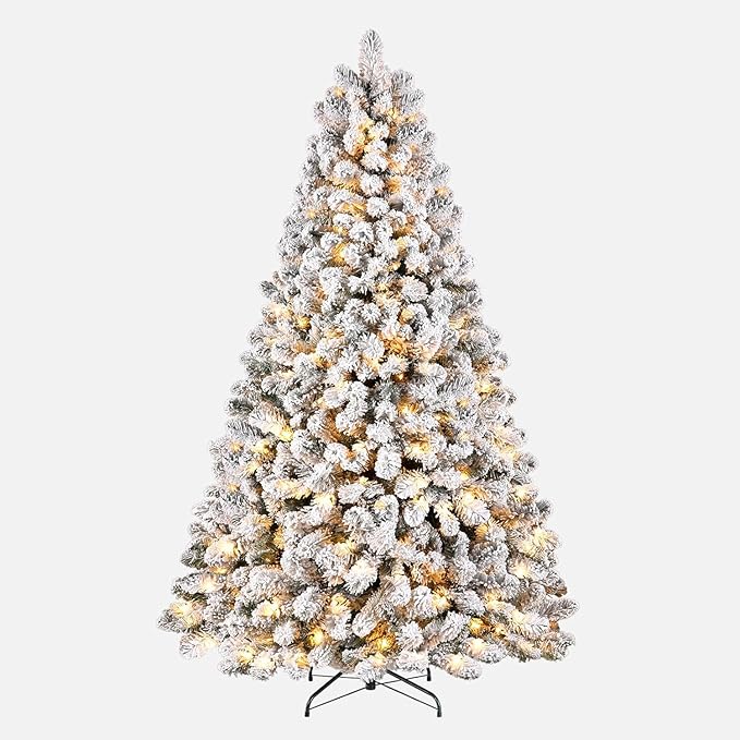 7.5FT Prelit Fluffy Snow Flocked Fraser Fir Artificial Christmas Tree with Warm White Lights, Hinged Branches, 1100 Tips, Artificial Christmas Tree Include Metal Stand for Holiday Home Decor