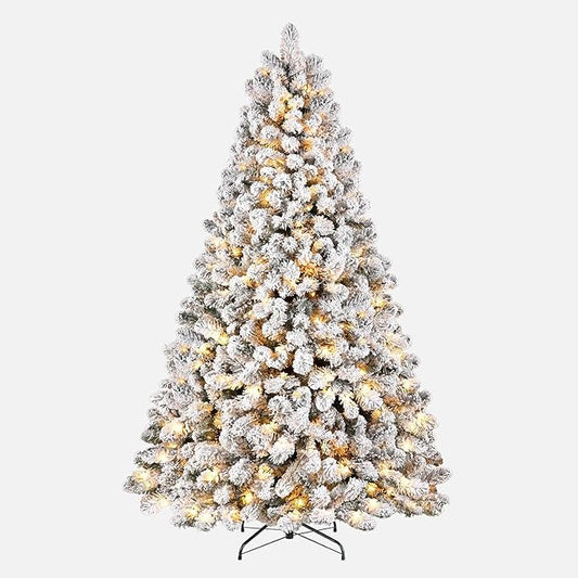 7.5FT Prelit Fluffy Snow Flocked Fraser Fir Artificial Christmas Tree with Warm White Lights, Hinged Branches, 1100 Tips, Artificial Christmas Tree Include Metal Stand for Holiday Home Decor