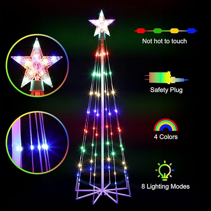 3 Pack LED Animated Christmas Tree, 4' 5' 6' Multicolor Lightshow Lighted Cone Wire Tree With Topper Star, Indoor Outdoor Decorations for Yard Patio