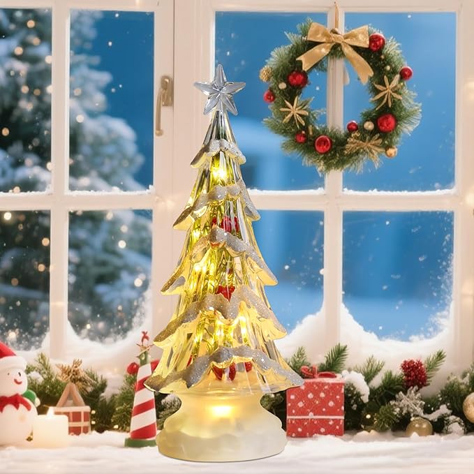 Acrylic Christmas Tree Table Decor, 11" Lighted up Christmas Tree Figurine, Battery Operated Home Decorations Gift for Indoor Holiday Party Mantel Fireplace Centerpiece Decor