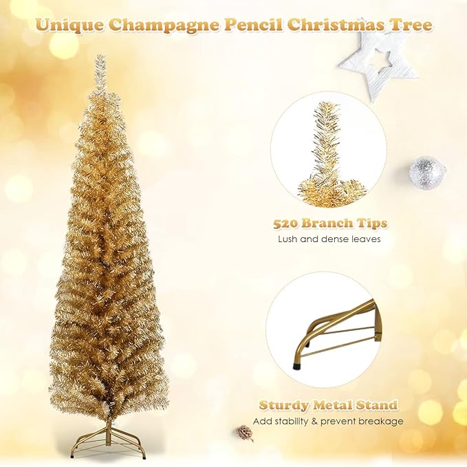 HAPPYGRILL 6 Feet Champagne Pencil Christmas Tree Artificial Slim Christmas Tree Skinny Xmas Tree with Metal Stand, Realistic Unlit Pine Tree with 520 Branch Tips for Indoor Outdoor