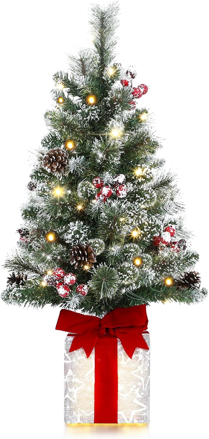Brightever 3FT Small Christmas Tree, Pre-lit Artificial Mini Christmas Trees with 60 Warm White LED Lights and Unique Gift Box Base, Plug in Outdoor Flocked Xmas Trees for Porch, Tabletop, Green