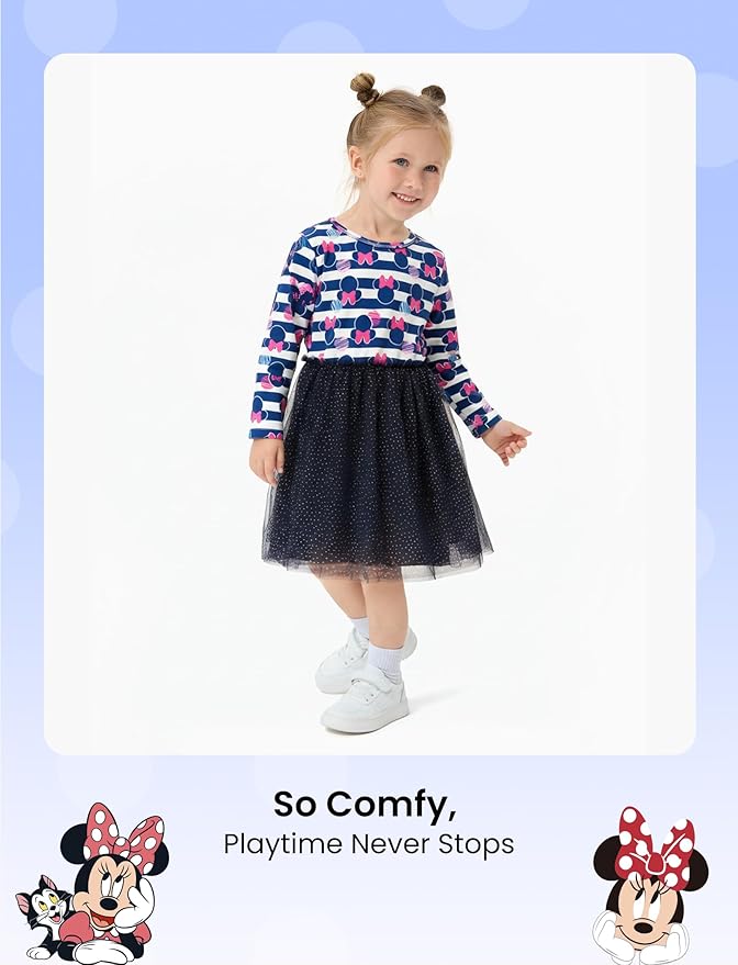 Disney Frozen Elsa Princess Cinderella Ariel Jasmine Rapunzel Baby/Toddler Dress, Ruffle Long-Sleeve Mesh Overlay Tulle Dress