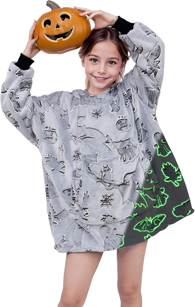 REXEO Halloween Blanket Hoodie Gifts for Kids - Wearable Blankets for Toddler 6-10 Year Old, Halloween Birthday Gifts Decorations, Flannel Hooded Blanket with Larger Pocket for Boys Girls