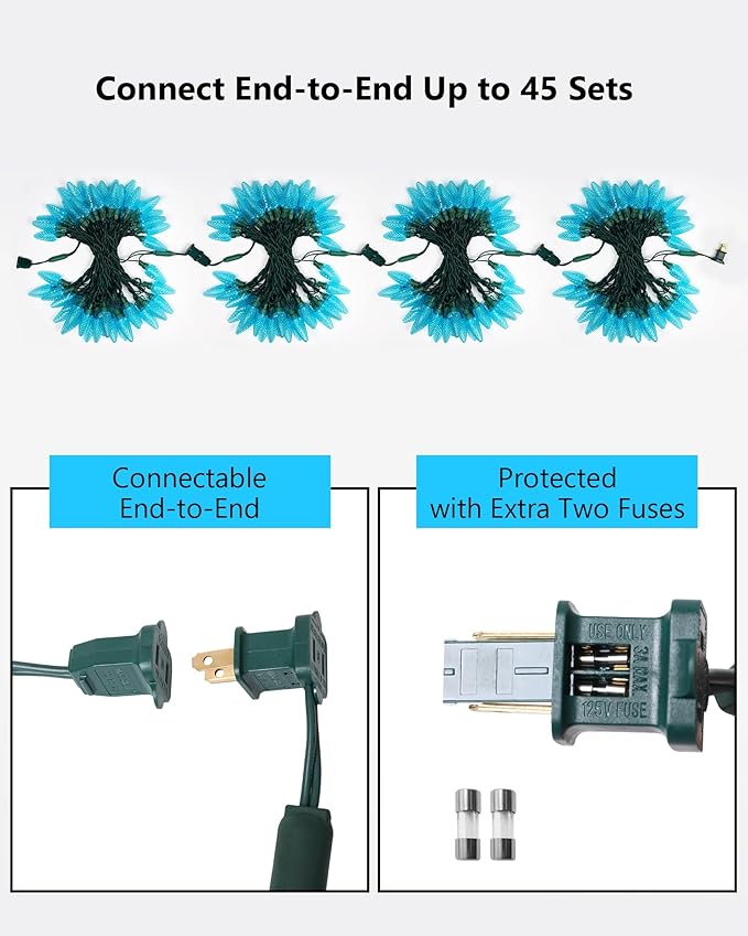 C9 Led Christmas String Lights Outdoor, 33.3ft 50 LED Waterproof Decorative Light Strand, Extendable Green Wire String Lights for House, Christmas Tree, Patio, Party Decoration, Turquoise