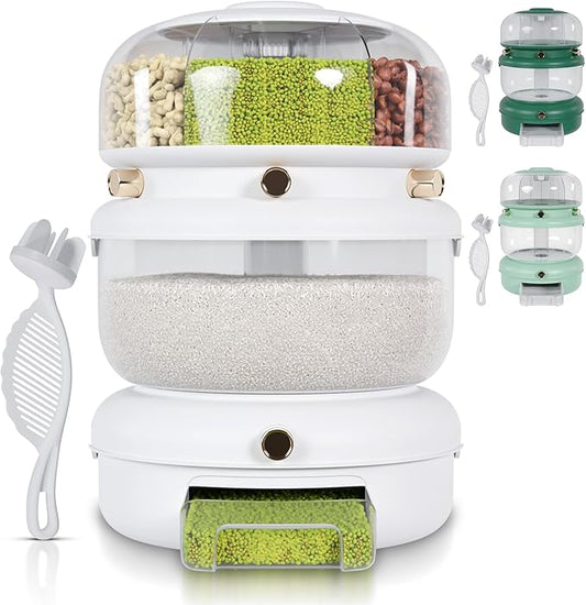 Airtight Rice Container Dispenser- Rotating Rice Dispenser with Strainer, 6 Grain Holding Options- Versatile Grain Storage Container for Pantry, Food Bucket for Cereal, Beans, Oatmeal (White)