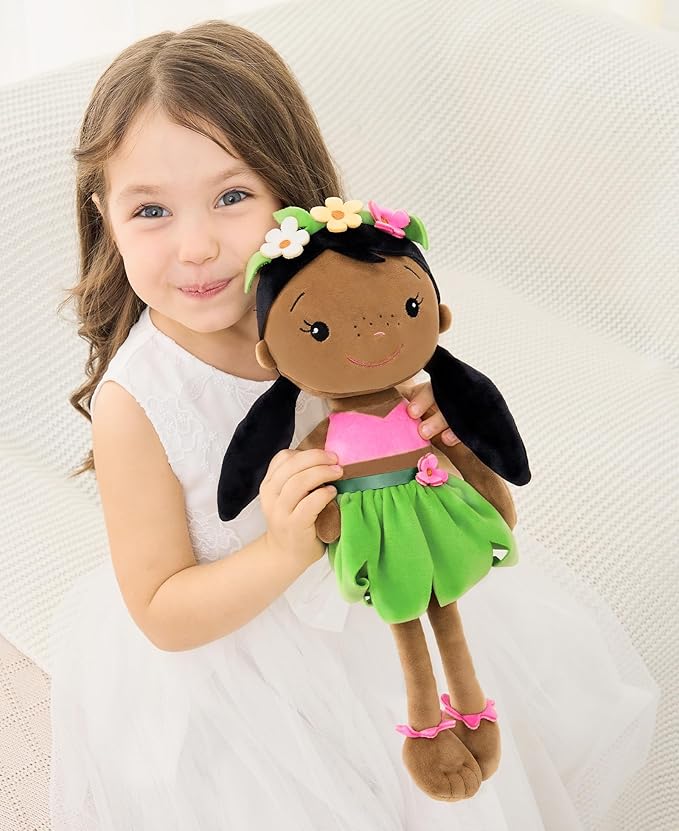 Soft Baby Doll Toys (16'') for Girls, My First Baby Rag Dolls for 1 Year Old Girl Birthday Gift Plush Doll Toys Machine Washable Baby Doll for Toddler Kids Infants - Black Baby Girl