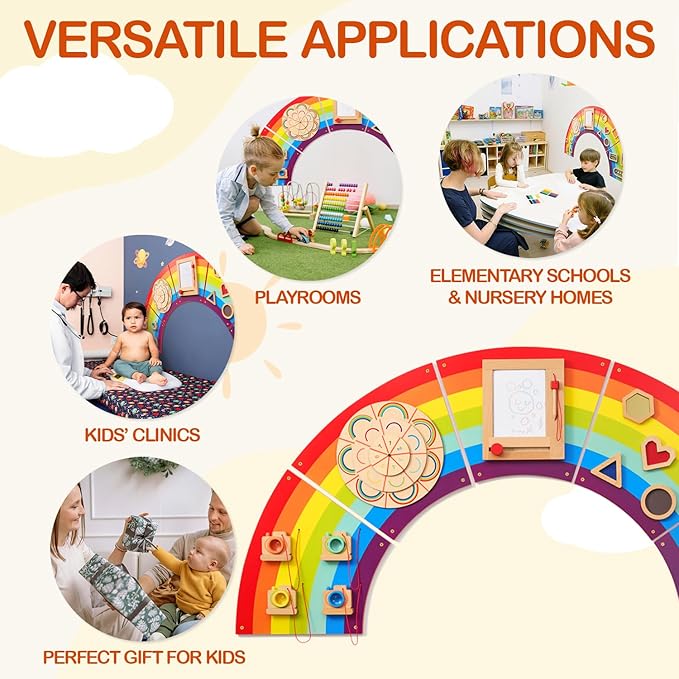 Monläurd® Wooden Rainbow Busy Board - Sensory Wall Activity Panel for Toddlers & Babies, Fine Motor Skills Development, Educational Screen-Free Toy for Playroom, Nursery, Daycare