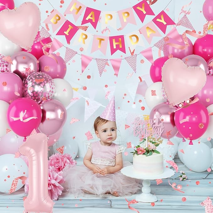 1st Birthday Decorations Girls, Pink First Birthday Balloon Set Hot Light Pink White Confetti Balloons Number 1 Balloon Heart Bday Banner Cake Topper for Baby Girl Princess 1 Year Old Bday Party Decor