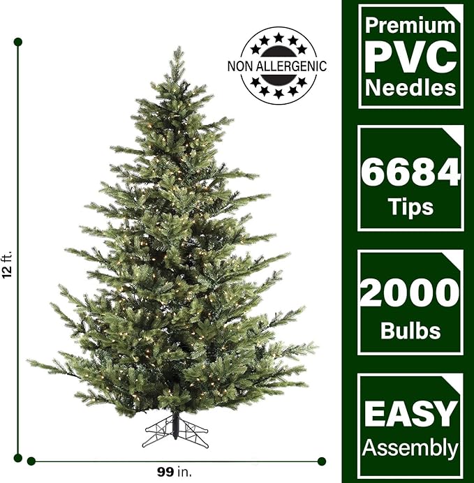 Fraser Hill Farm 12-Ft. Woodside Pine Christmas Tree with Incandescent Smart Lights and Stand, Prelit Artificial Tree with Realistic Foliage, Perfect Holiday Decoration for Foyer and Living Room