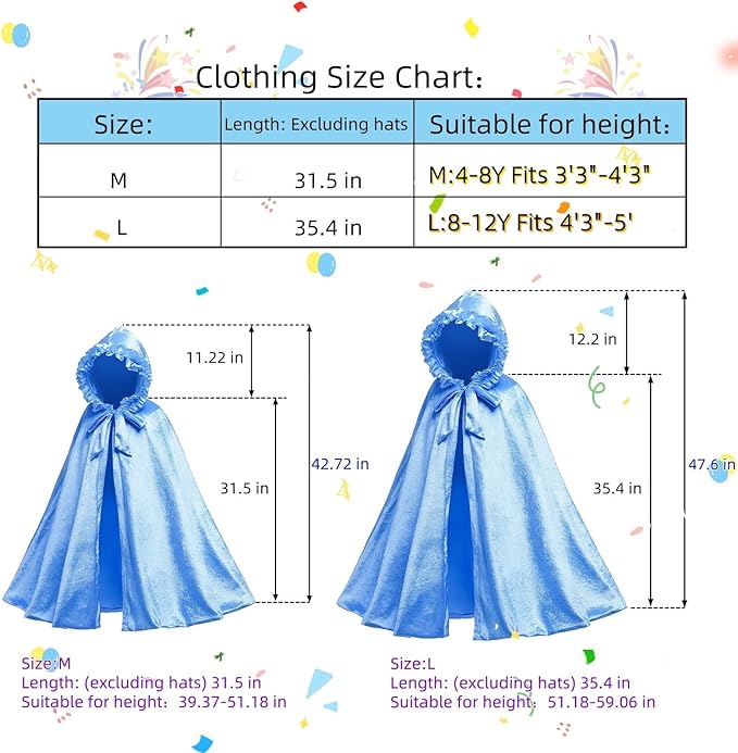 Newland Princess Costume for Girls - Princess Cape Long Hooded Velvet Cloak Princess Accessories Size M: 4-8Y/L: 8-12Y
