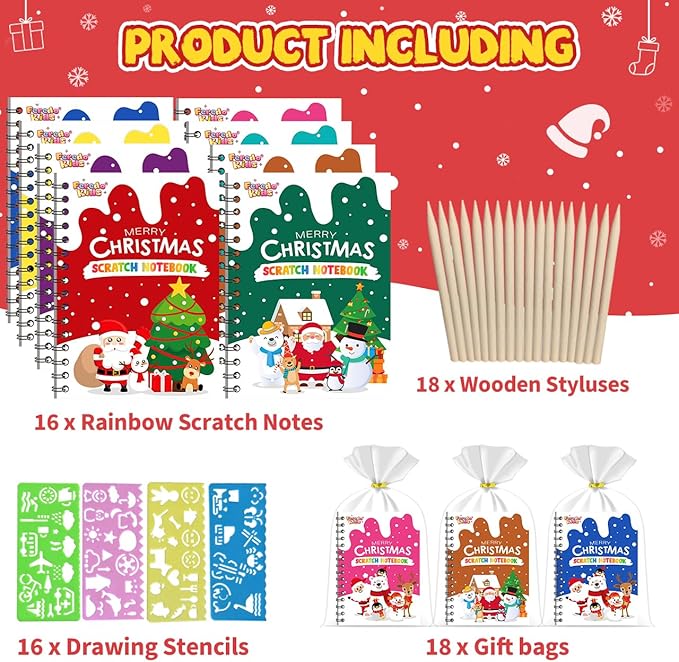 Party Favors for Kids: 16 Pack Christmas Rainbow Scratch Art Notebook Classroom School Supplies Bulk for Girls Boys Goodie Bags Stuffers, Return Gifts for Birthday Party Gift Kid Crafts
