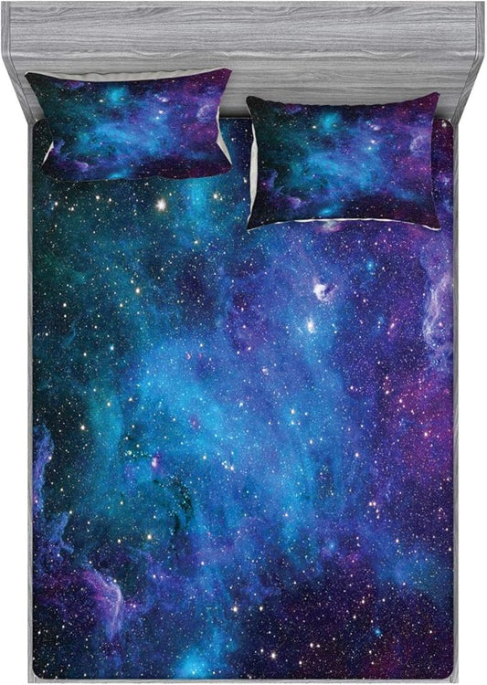 Ambesonne Outer Space Fitted Sheet & Pillow Sham Set, Galaxy Stars in Space Celestial Astronomic Planets in The Universe Milky Way, Decorative Printed 3 Piece Bedding Decor Set, Full, Navy Blue
