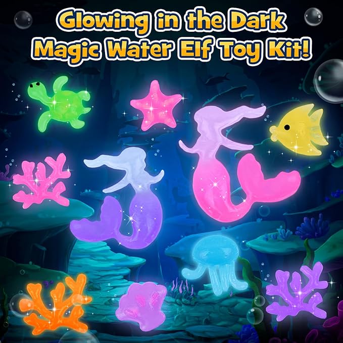 FTUREERA Glowing Magic Water Elf Toy Kit, Glowing in The Dark Aqua Fairy Water Elf, 20 Gels, 18 Sea Creature Molds, Squishy Maker Making Kit, Christmas Birthday Gifts, Crafts DIY for Kids
