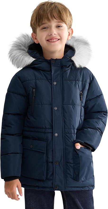 maoo garden Boys Puffer Winter Coat Big Kids Heavyweight Sherpa Lined Fur Hooded Jacket Water-Resistant Snow Parka