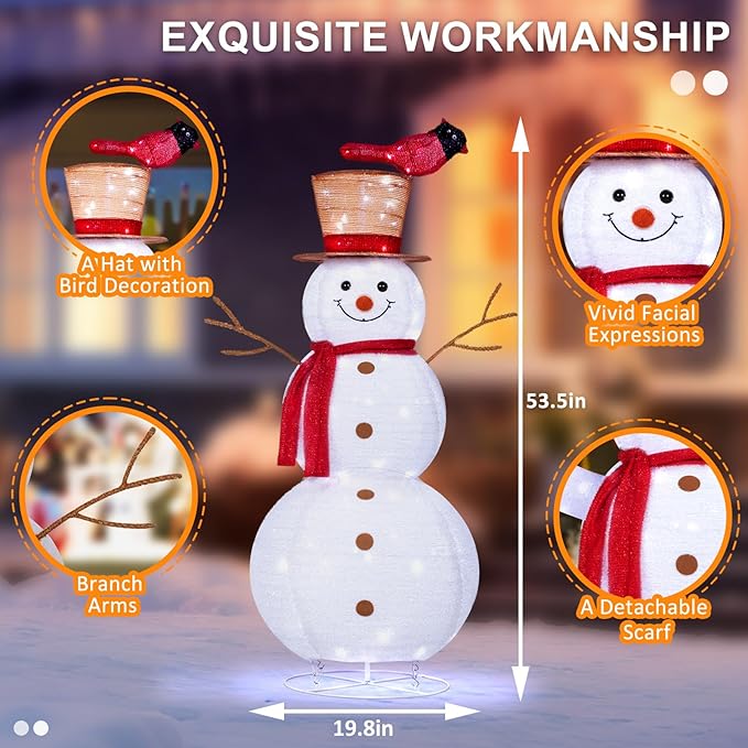 4FT Lighted Snowman Outdoor Christmas Decorations, Pop-Up Christmas Décor with Build-in 100 LED Lights, Collapsible Snowman with Top-Hat Scarf, Decoration for Porch Lawn Entryway