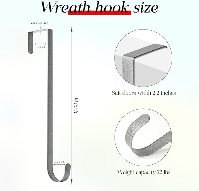 MCFULL 14 in Wreath Hangers for Front Door,Sturdy Metal Wreath Doors Hangers,Over The Door Hooks for Front Porch Decor,Silver Garland Hooks Holders for Halloween Christmas Decorations,2 Packs