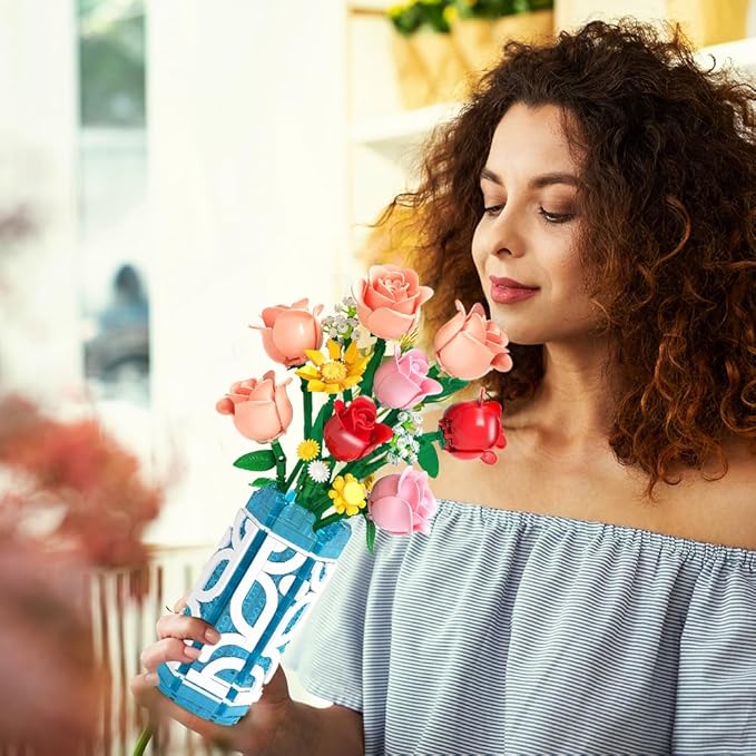 14 Flowers Bouquet Building Set with Vase and LED Light, Mother's Day 747 PCS Mini Roses Flower Botanical Building Blocks Toy, Birthday Gifts for Adults, Artificial Roses Flowers Home Decor