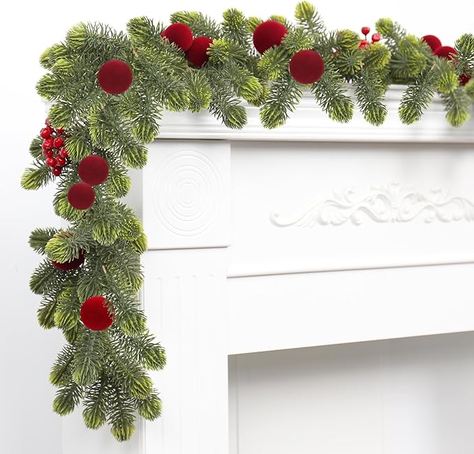 SY Super Bang 6FT Christmas Garland, Artificial Green Garland Christmas Decorations with Velvet Ball Red Berry Exquisite Ornaments, for Indoor Outdoor Home Table Fireplace Xmas Party Holiday Decor.