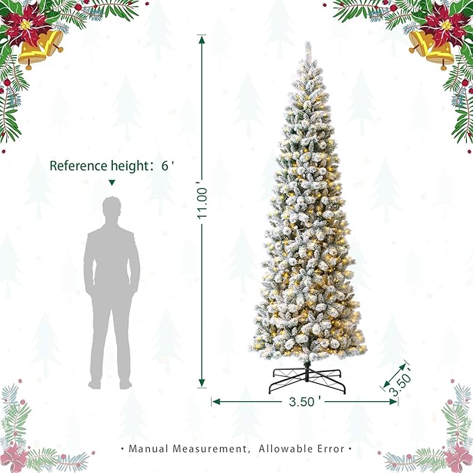 Glitzhome 11ft Prelit Artificial Christmas Tree, Flocked Pencil Christmas Tree with 700 Warm White/Multi-Color Lights, Remote Controlled Slim Pine Christmas Tree with Lights for Indoor Holiday Decor