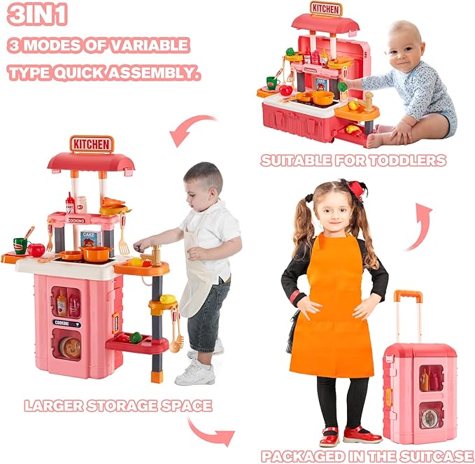 3-in-1 Kids & Toddler Play Kitchen - Interactive Kitchen Playset with Real Cooking Sounds & Lights, 50 Accessories & Flowing Water Feature, Portable Travel Suitcase Design Learning Toys for Ages 2-6