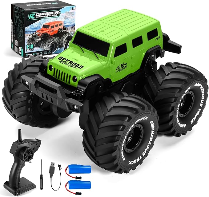 1:18 Scale Amphibious LED RC Car ，2.4GHz All 20 Km/h Off Road Terrain Remote Control Drift Truck, Waterproof Truck for 8+ Year Old Boys Girls Kids Gifts (Green)